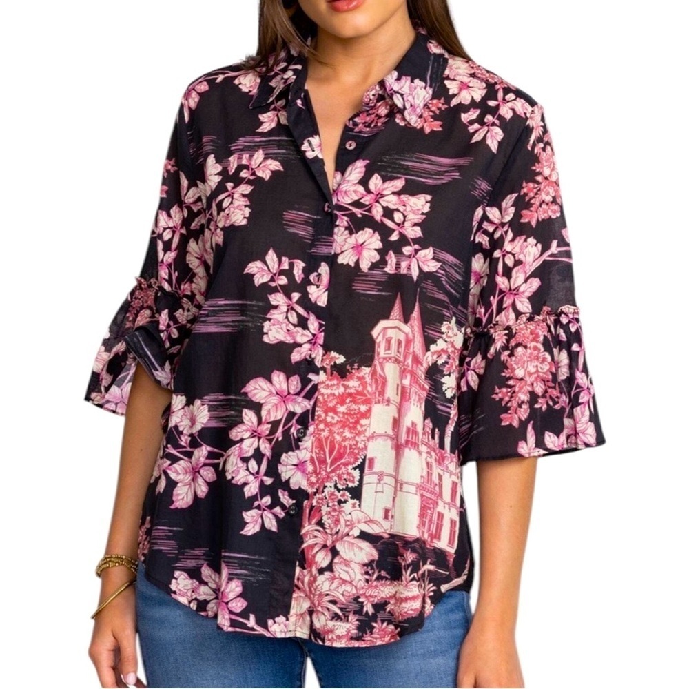 Johnny Was House On The Hill Blouse Button Up Ruffle Sleeve 100% Cotton